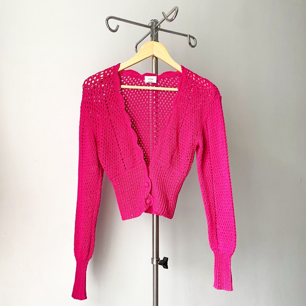 Wilfred Avelaine Caraway Fuscia Cropped Knit Scallop Trim Crochet Cardigan